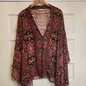 Soft Surroundings Multicolor Dressy Patterned Top Or cape, Brass Buttons Flowing